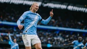 Erling Haaland celebrating a goal for Manchester City