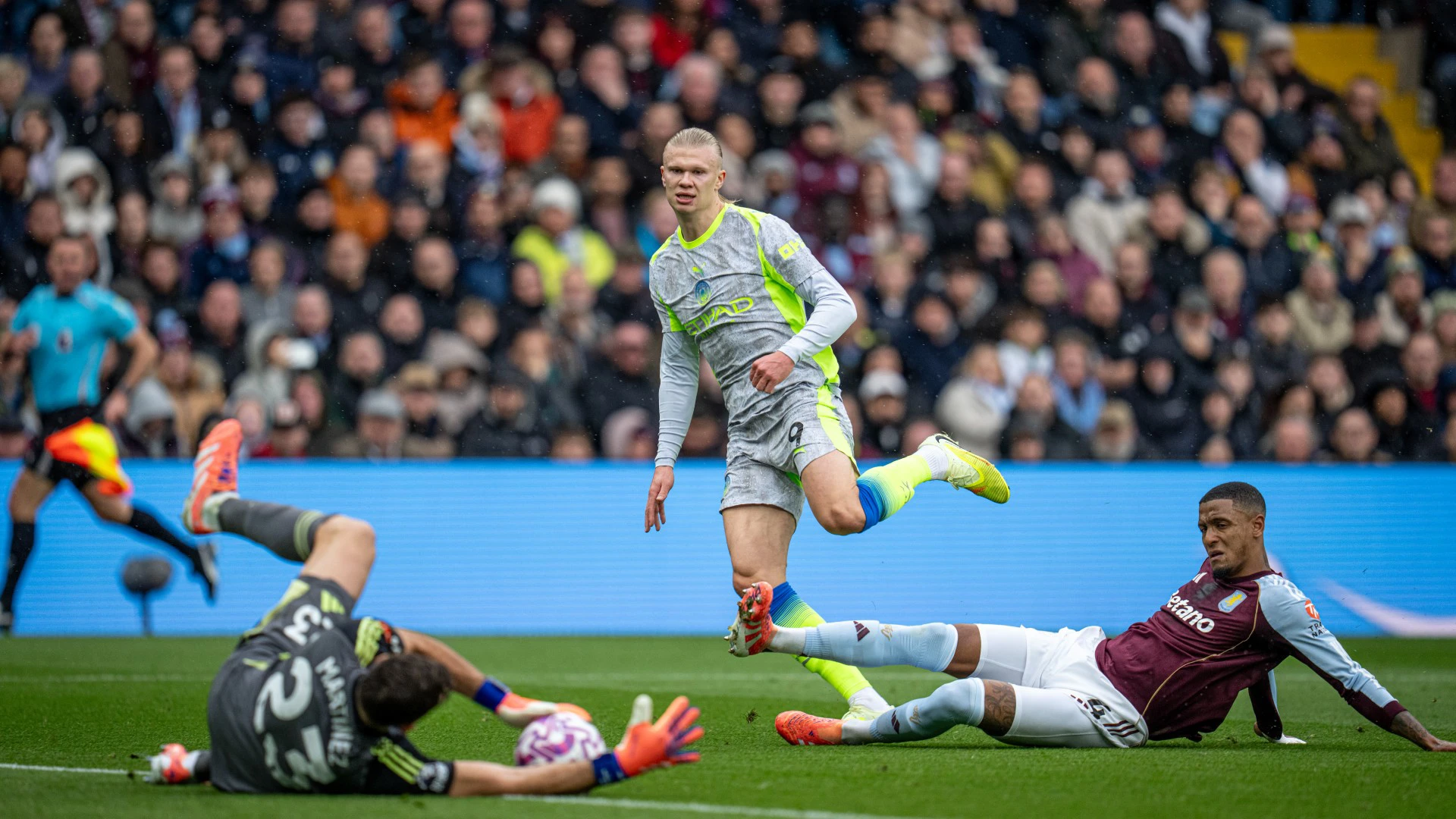Erling Haaland in action for Manchester City against Aston Villa