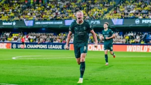 Erling Haaland celebrating his goal for Manchester City against Villareal