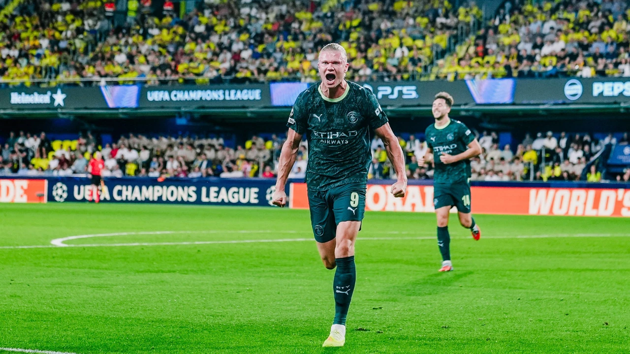 Erling Haaland celebrating his goal for Manchester City against Villareal