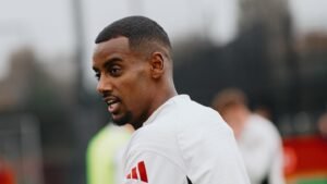 Alexander Isak standing during training with Liverpool at the AXA training centre