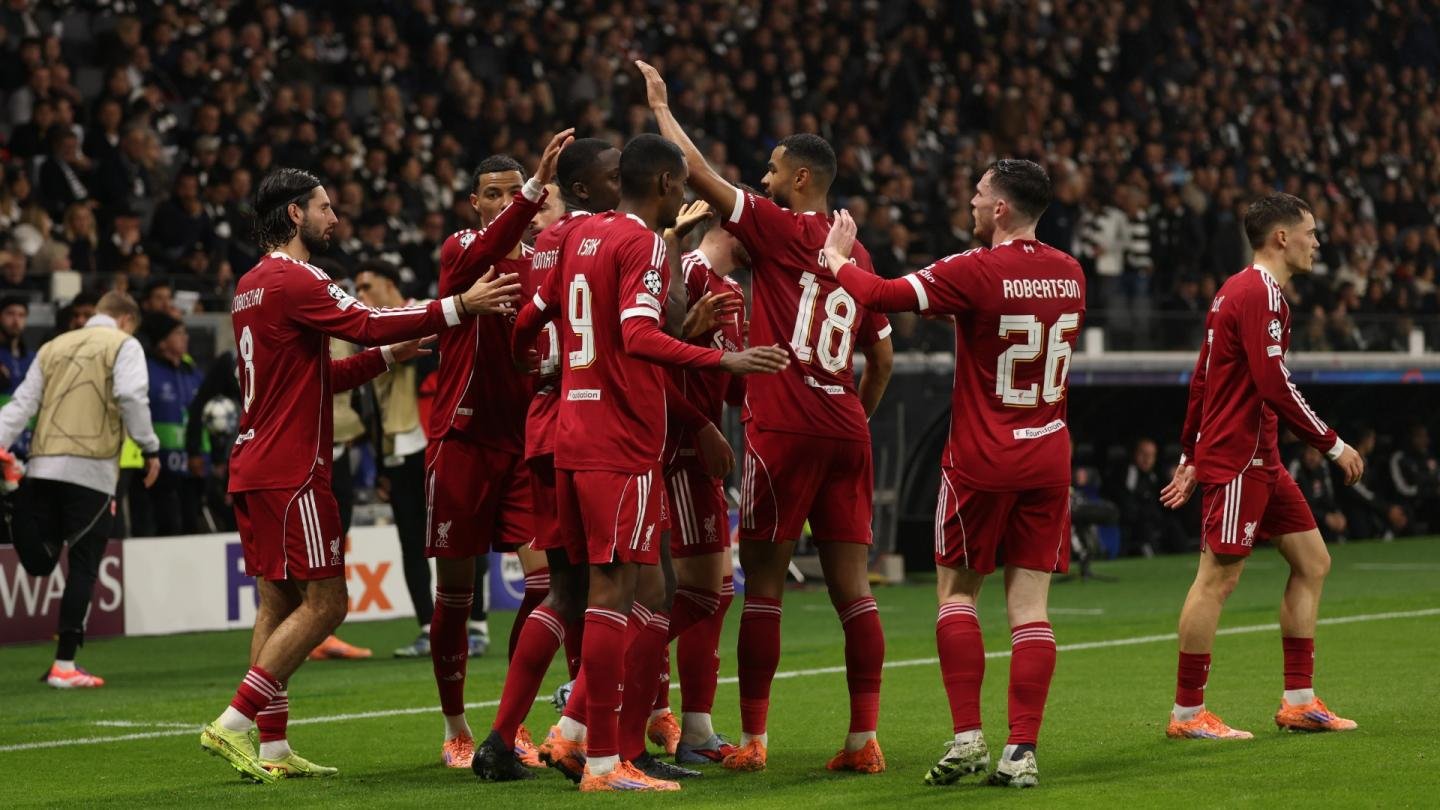 Liverpool players celebrating a goal against Eintracht Frankfurt in the Champions League