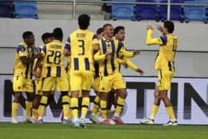 Israel's Maccabi Tel Aviv celebrating after scoring in the Europa League
