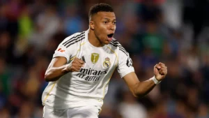 Real Madrid forward Kylian Mbappe celebrating his late goal in the La Liga game against Getafe
