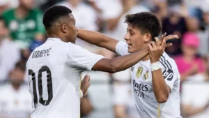 Real Madrid duo Arda Guler and Kylian Mbappe celebrating a goal