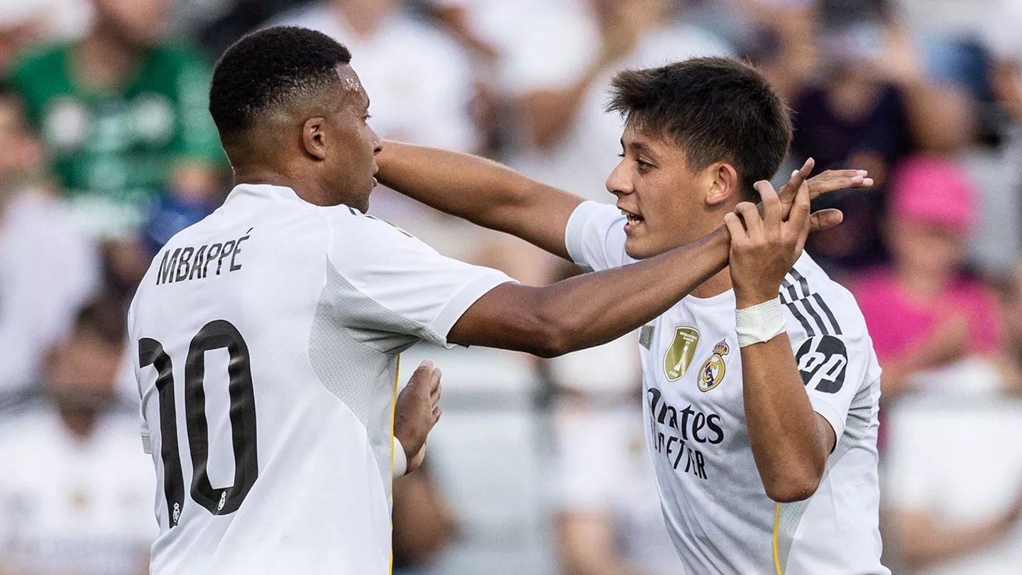 Real Madrid duo Arda Guler and Kylian Mbappe celebrating a goal