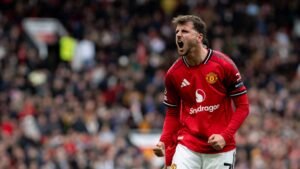 Mason Mount celebrating after scoring for Manchester United against Sunderland