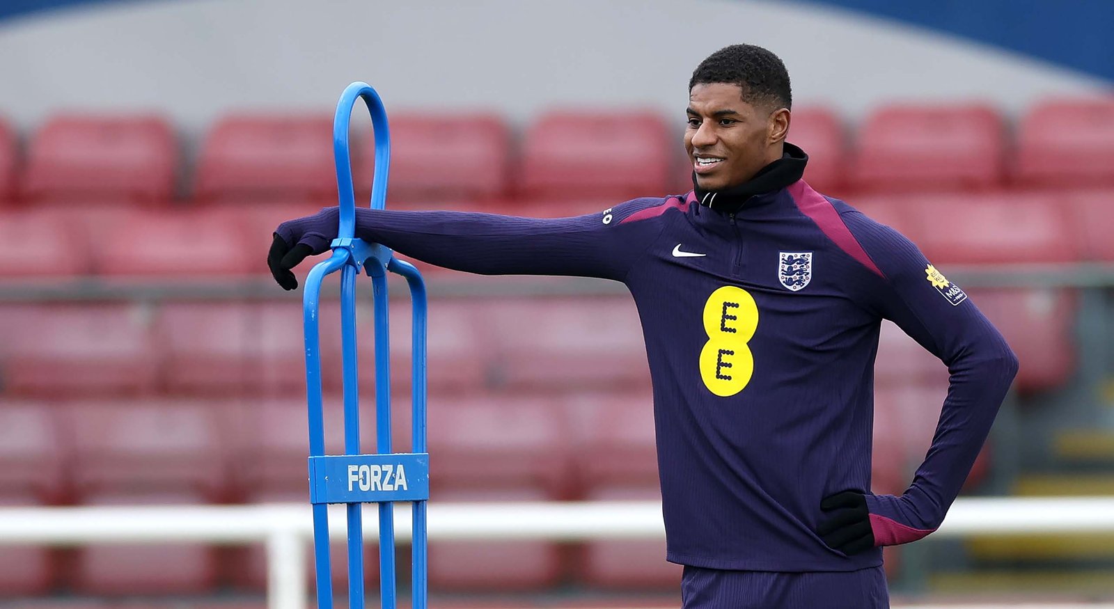 Barcelona winger Marcus Rashford in training at the England camp