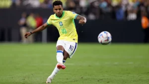 Real Madrid forward Rodrygo in action for Brazil