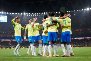 Brazil players celebrating goal against Senegal
