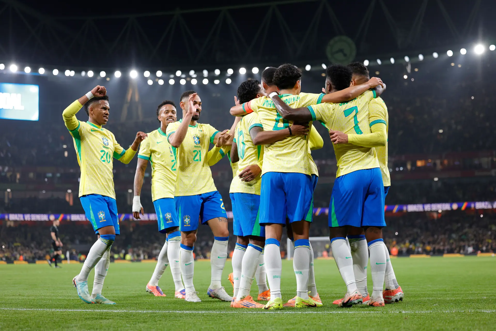 Brazil players celebrating goal against Senegal
