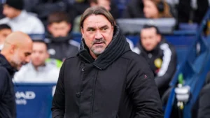 Leeds Coach Daniel Farke on the sidelines against Manchester City