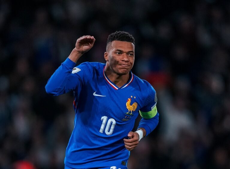 Kylian Mbappe celebrating after scoring for France