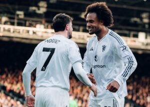 Mason Mount and Joshua Zirkzee celebrating goal for Manchester United agaisnt Crystal Palace