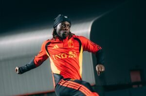 Jeremy Doku kicking the ball in a training session with Belgium