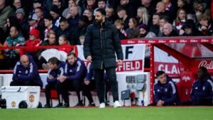 Manchester United manager Ruben watching his side play against Nottingham Forest