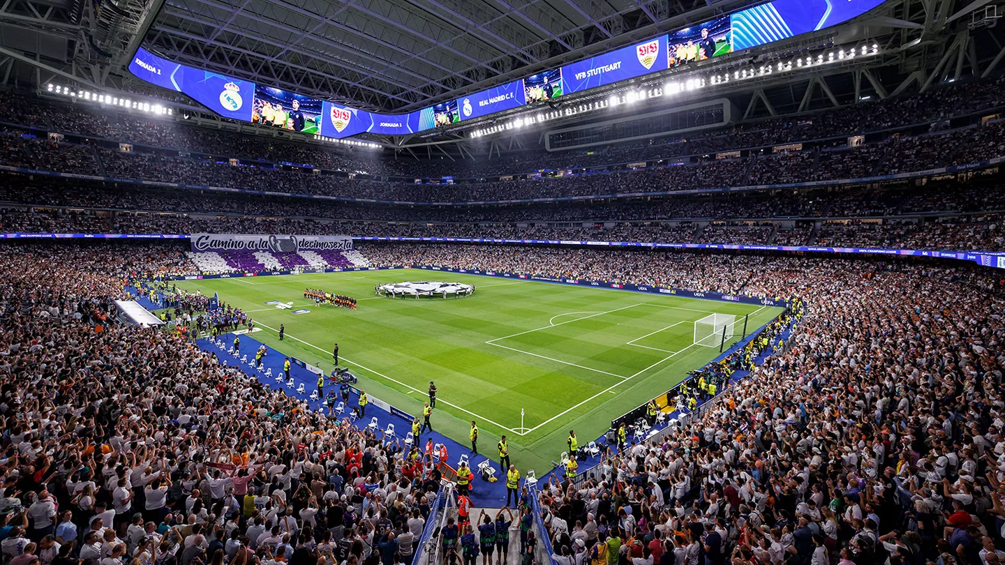 Overhead shot of Real Madrid stadium Santiago Bernabeu during a Champions League match