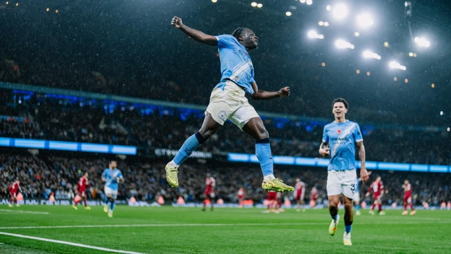 Manchester City's Jeremy Doku celebrating against Liverpool