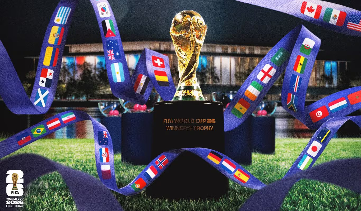 World Cup trophy surrounded by banners
