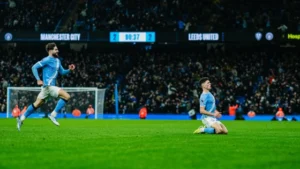 Phil Foden celebrating his later winner for Manchester City.