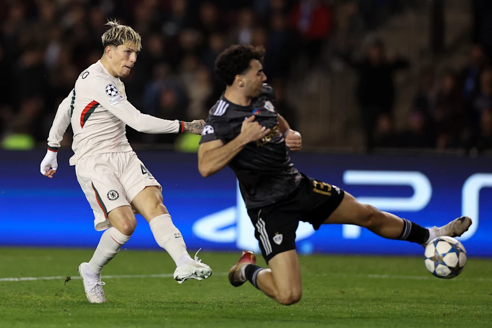 Chelsea forward Alejandro Garnacho scoring a goal against Qarabag