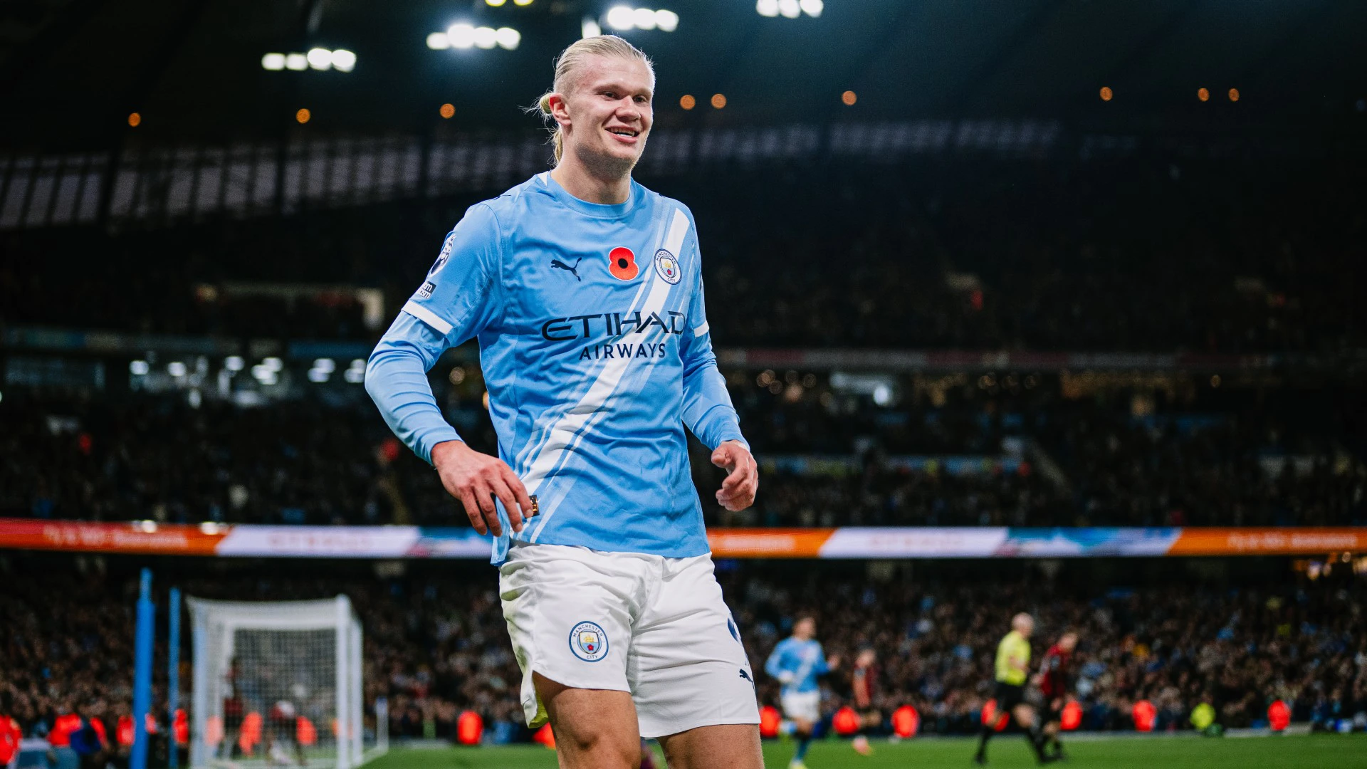 Manchester City striker Erling Haaland celebrating his goal against Bournemouth