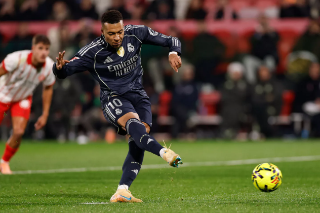 Kylian Mbappe scoring for Real Madrid from the penalty spot