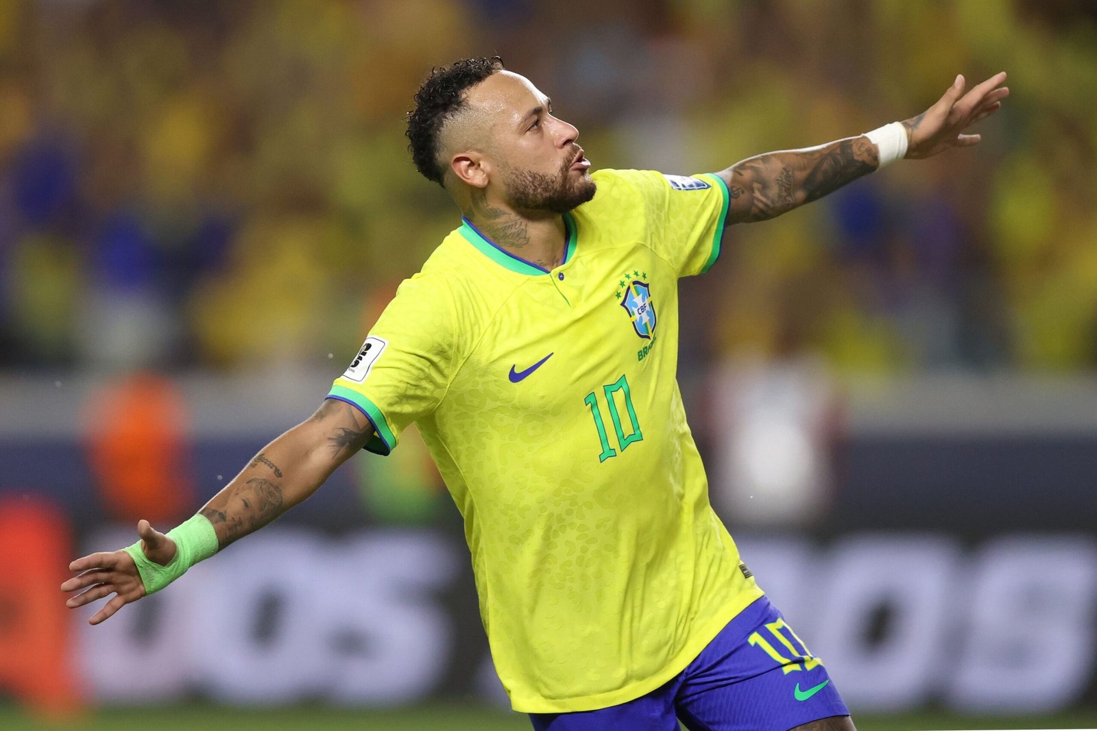 Brazil forward Neymar celebrating a goal for the Selecao