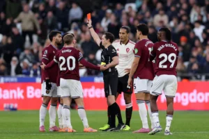 West Ham's Lucas Paqueta receiving red card against Liverpool