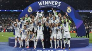 Real Madrid celebrating their Champions League win in 2024