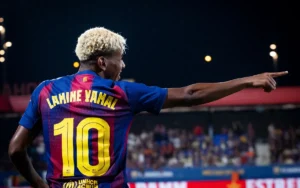 Lamine Yamal celebrating a goal for Barcelona