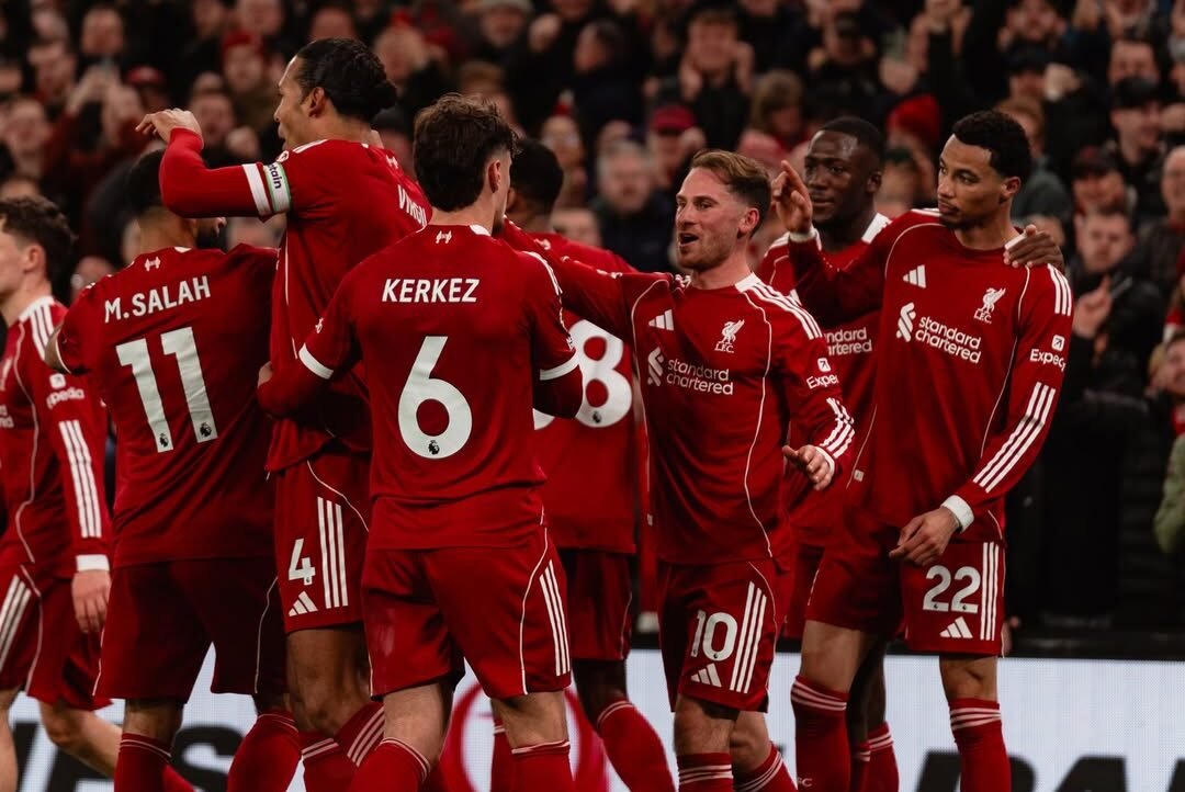 Liverpool players celebrating against Brighton