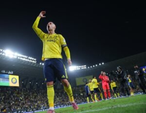 Cristiano Ronaldo celebrating a goal for Al-Nassr