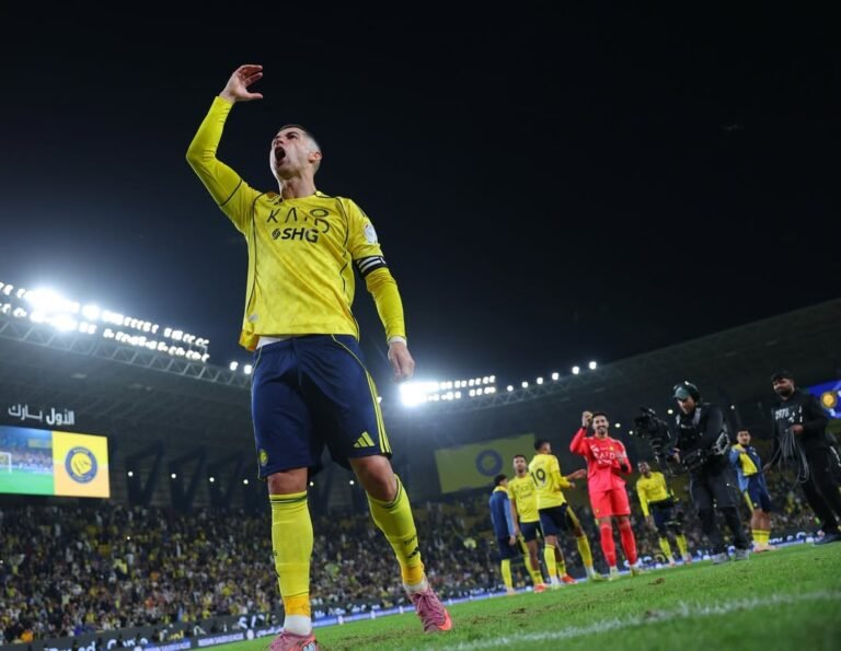 Cristiano Ronaldo celebrating a goal for Al-Nassr