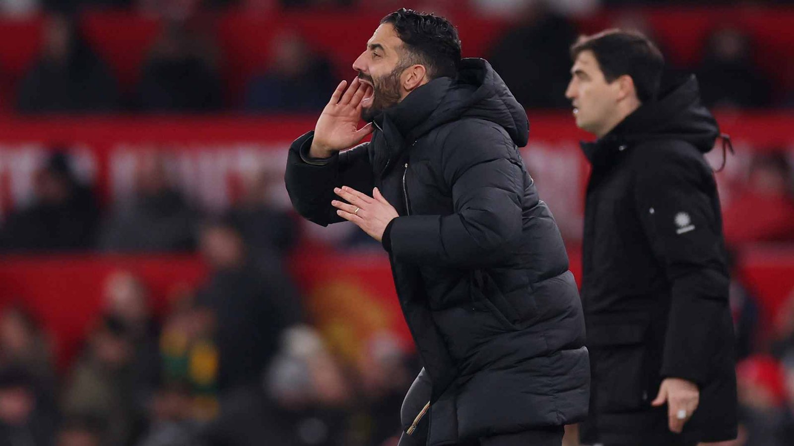 Ruben Amorim urging his Manchester United players on from the sidelines