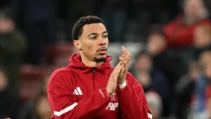 Hugo Ekitike applauding Liverpool fans