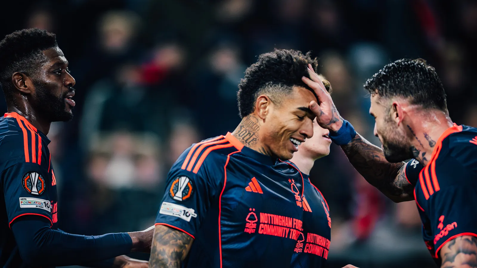 Igor Jesus celebrating with Nottingham Forest teammates