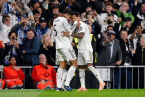 Jude Bellingham and Rodrygo celebrating goal for Real Madrid against Manchester City