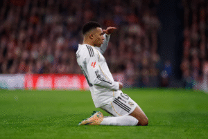 Kylian Mbappe celebrating goal for Real Madrid
