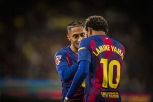 Raphinha and Yamal celebrating Barcelona goal
