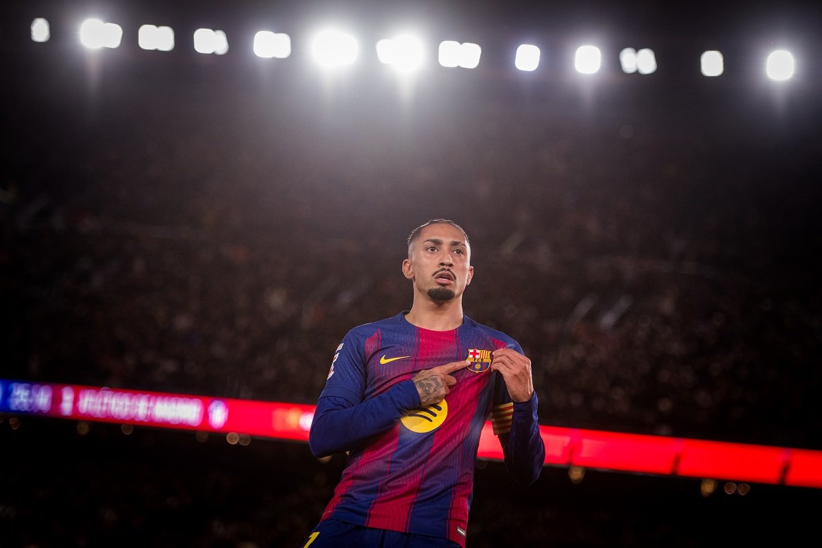 Raphinha celebrating a goal for Barcelona