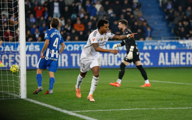Rodrygo celebrating after scoring for Real Madrid