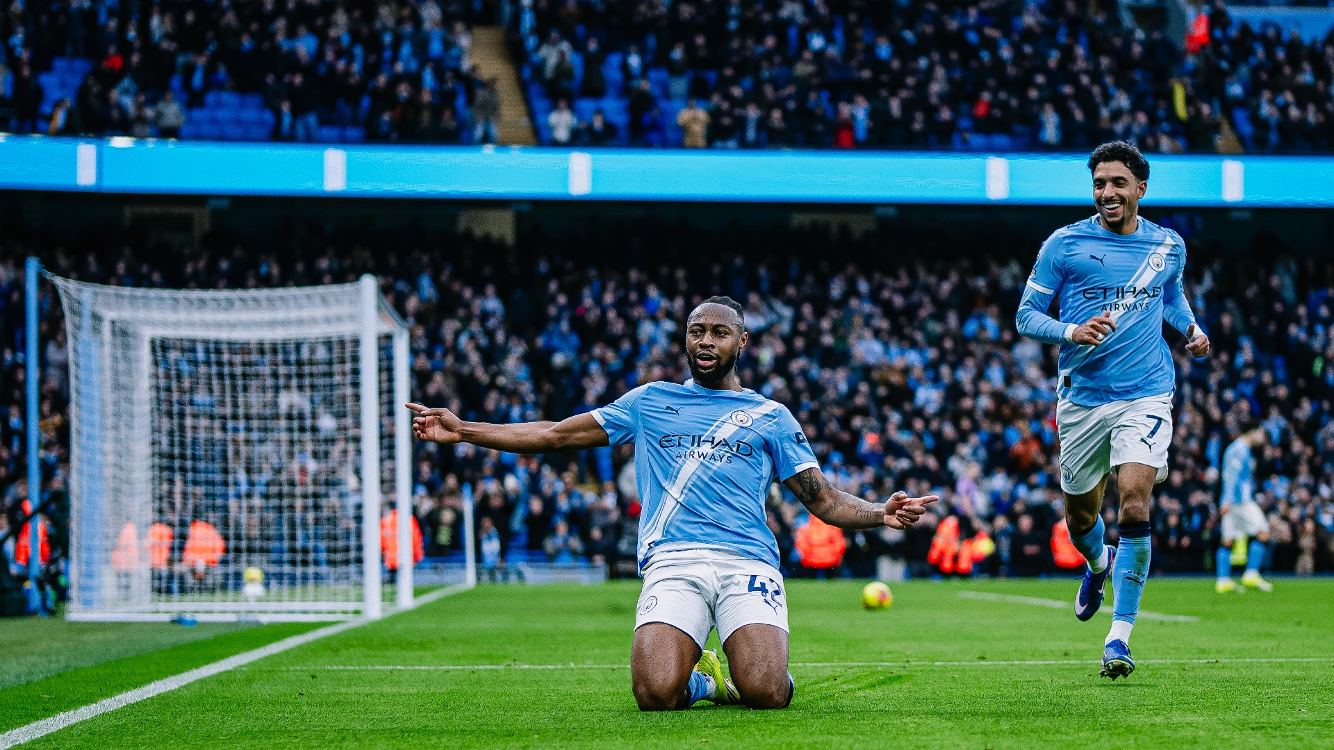 Antoine Semenyo celebrating goal for Manchester City with Omar Marmoush beside him