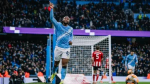 Antoine Semenyo celebrates goal for Manchester City against Exeter