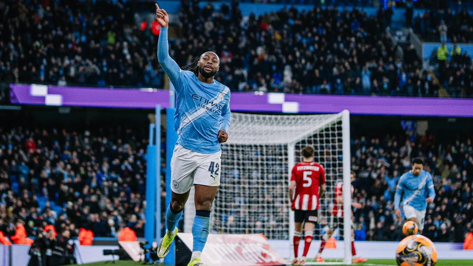 Antoine Semenyo celebrates goal for Manchester City against Exeter