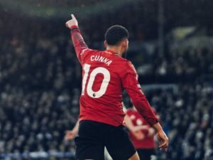 Matheus Cunha celebrating goal for Manchester United against Leeds