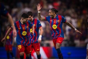 Barcelona players celebrating goal against Athletic Club in Spanish Super Cup semi-final
