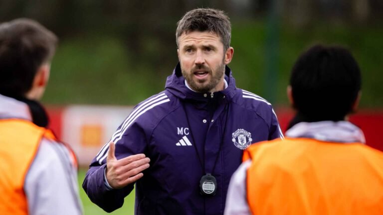 Manchester United interim coach Michael Carrick overseeing a training session at Carrington