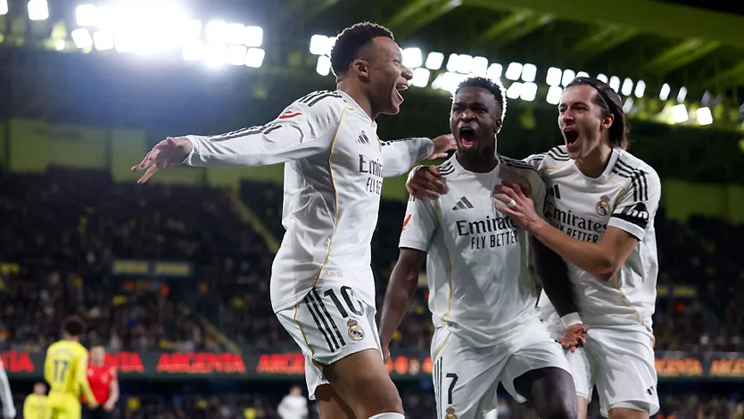 Kylian Mbappe, Vinicius and Alvaro Carreras celebrating goal