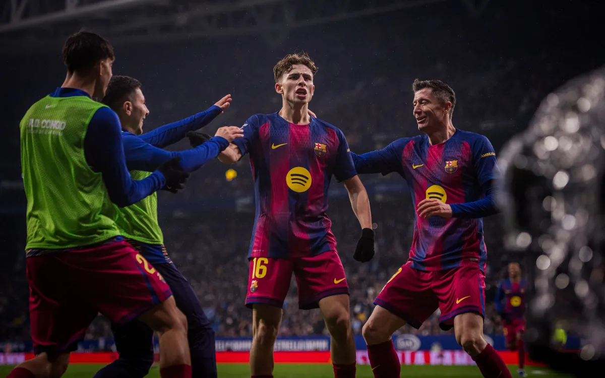 Dani Olmo and Robert Lewandowski celebrating Barcelona goal
